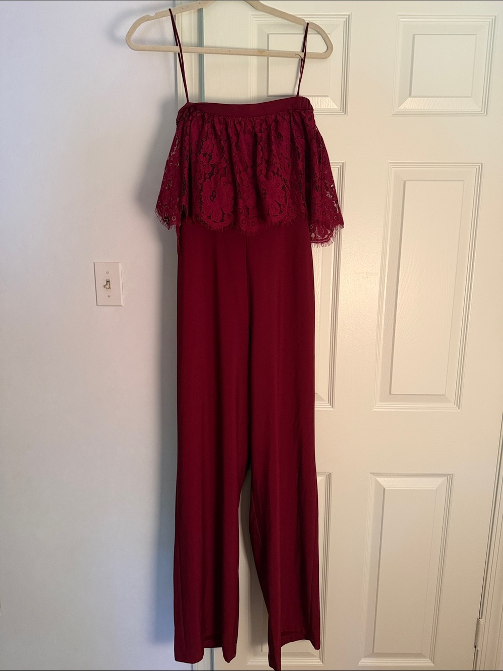 Off-Shoulder Strapless Lace Bodice Jumpsuit in Burgundy